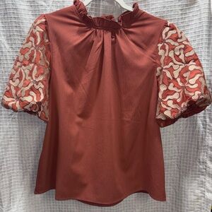 Entro Terracotta Blouse with Patterned Sleeves
